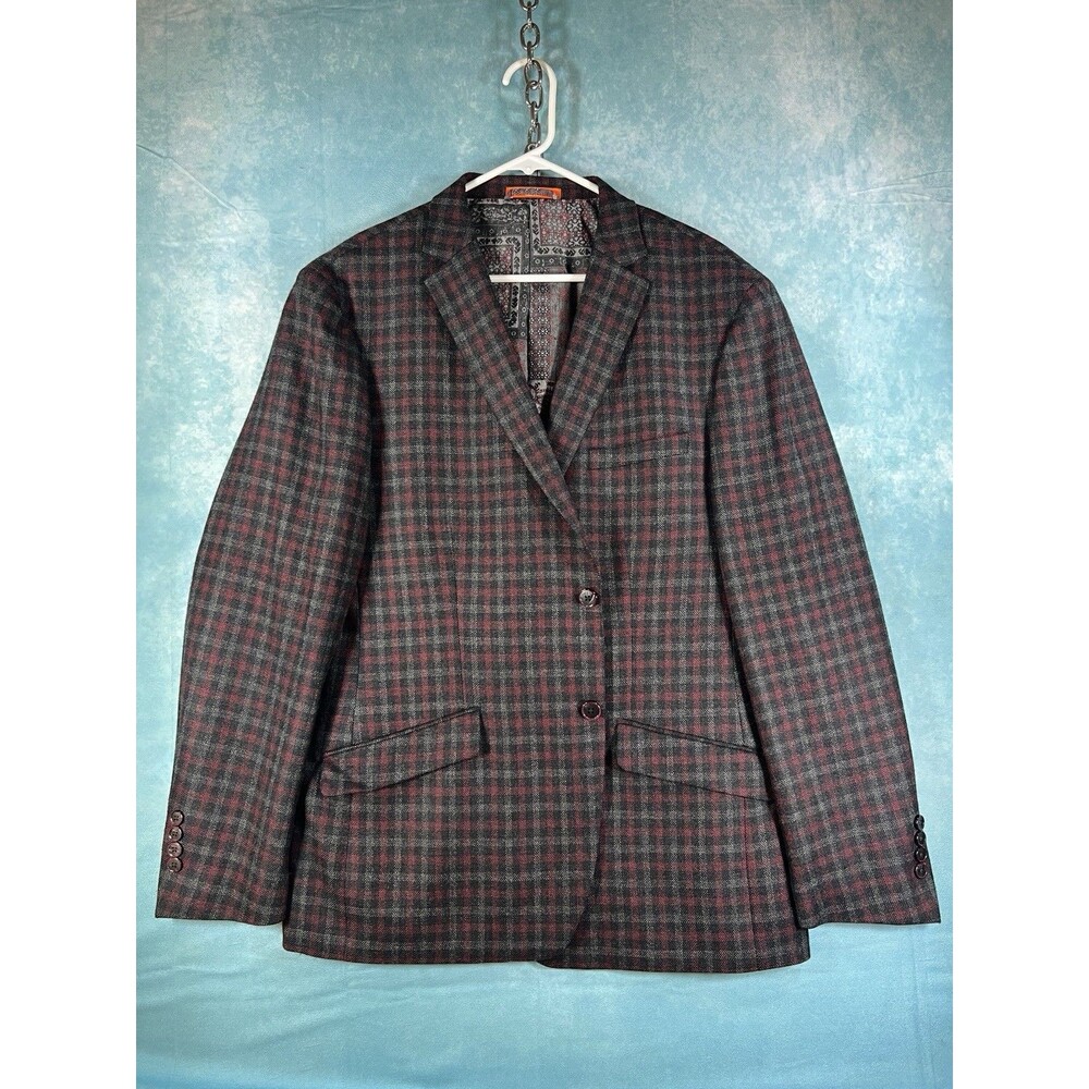 Y2K VTG Tallia Burgundy Grey And Black Plaid Wool Sport Coat Blazer